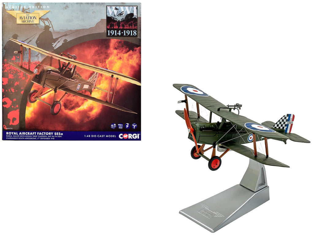 Royal Aircraft Factory SE5a Biplane Aircraft 'D6864 Major Keith Logan Caldwell No. 74 Squadron Clairmarais South Aerodrome' (1918) Royal Air Force 'The Aviation Archive' Series 1/48 Diecast Model by Corgi