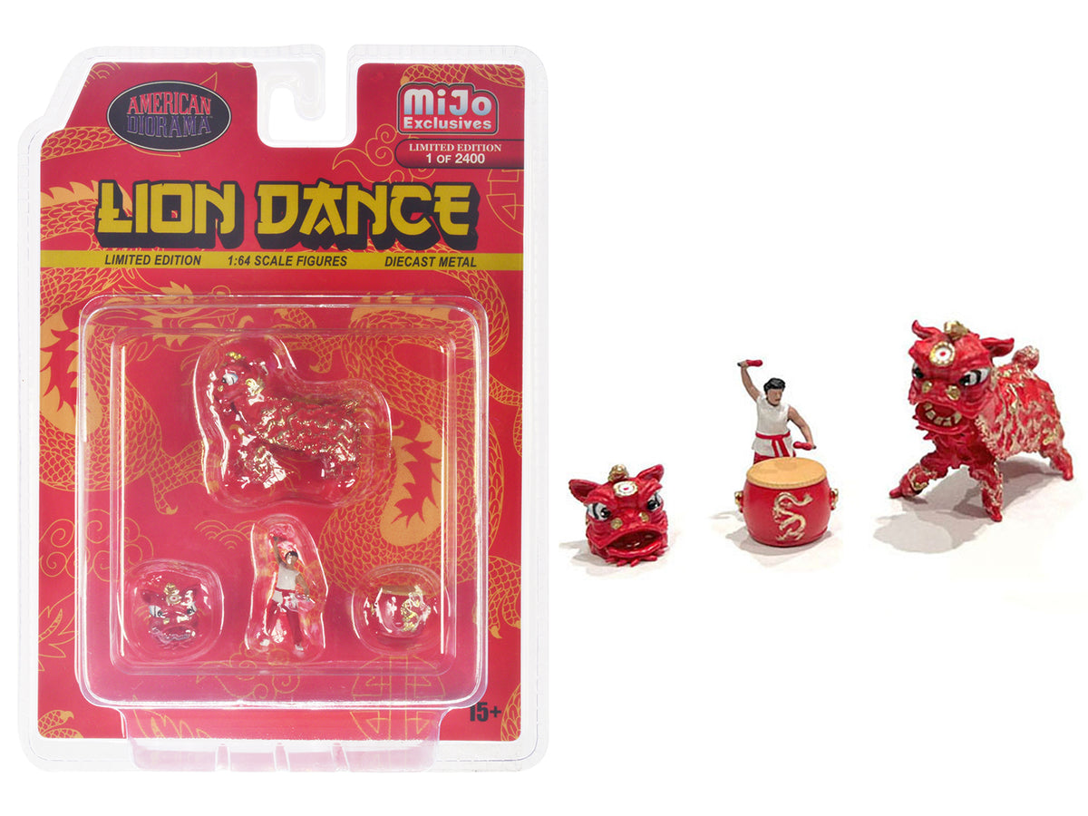 'Lion Dance' 4 piece Diecast Figure Set (1 Figures 1 Lion 2 Accessories) Limited Edition to 2400 pieces Worldwide for 1/64 Scale Models by American Diorama