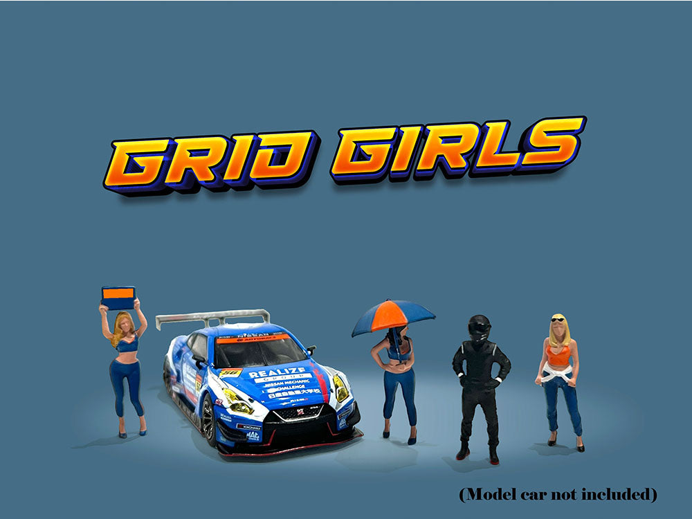 'Grid Girls' 5 piece Diecast Figure Set (4 People Figures 1 Umbrella) Limited Edition to 3600 pieces Worldwide for 1/64 Scale Models by American Diorama