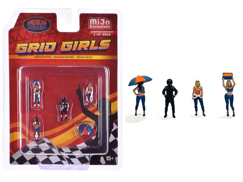 'Grid Girls' 5 piece Diecast Figure Set (4 People Figures 1 Umbrella) Limited Edition to 3600 pieces Worldwide for 1/64 Scale Models by American Diorama