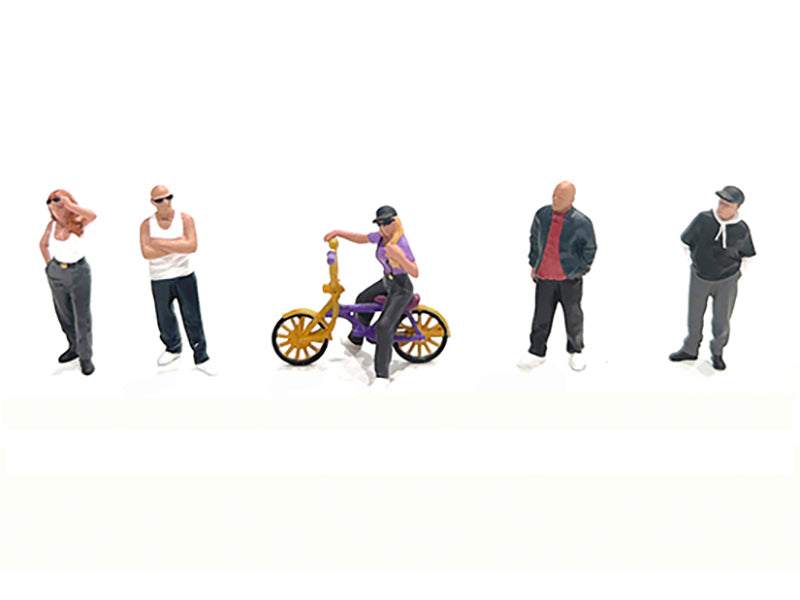 'Lowriders #5' 6 piece (5 People 1 Bicycle) Diecast Figures Set 1/64 Scale Models by American Diorama