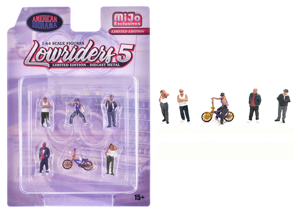 'Lowriders #5' 6 piece (5 People 1 Bicycle) Diecast Figures Set 1/64 Scale Models by American Diorama