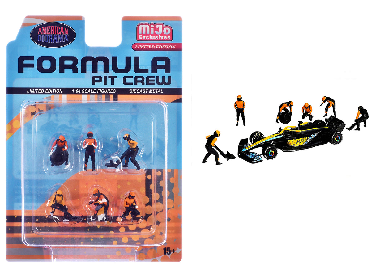 'Formula Pit Crew – Team Orange' 6 piece Diecast Figure Set (6 Figures) Limited Edition for 1/64 Scale Models by American Diorama