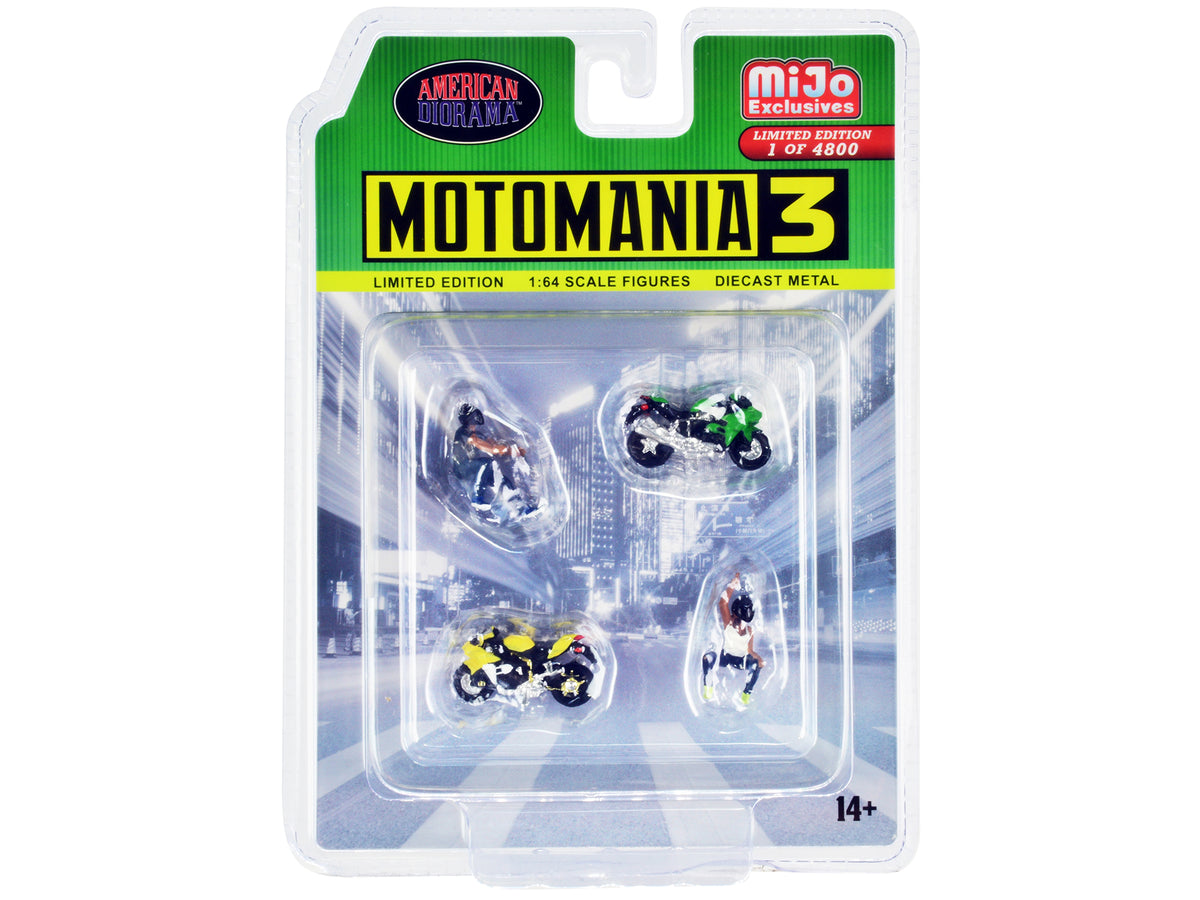 'Motomania 3' 4 piece Diecast Set (2 Figures and 2 Motorcycles) Limited Edition to 4800 pieces Worldwide for 1/64 Scale Models by American Diorama