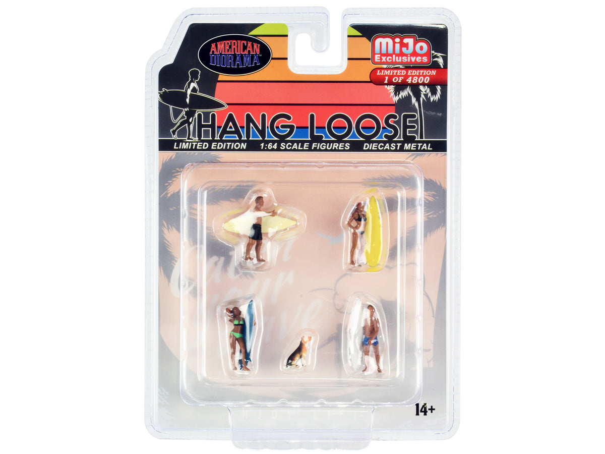 'Hang Loose' 5 piece Diecast Set (4 Surfer Figures and 1 Dog) Limited Edition to 4800 pieces Worldwide for 1/64 Scale Models by American Diorama
