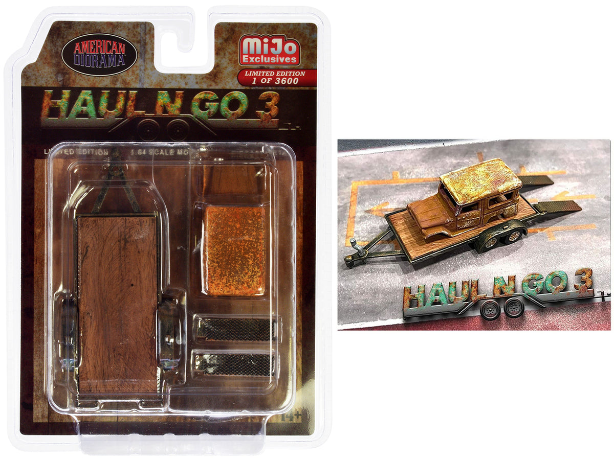 'Haul N Go 3' 4 piece Diecast Model Set (1 Flatbed Trailer 1 Abandoned Car 2 Ramps) Limited Edition to 3600 pieces Worldwide for 1/64 scale models by American Diorama