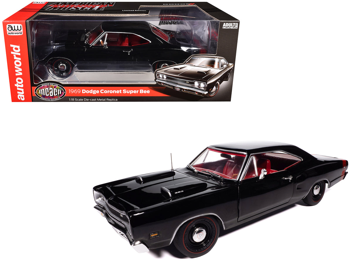 1969 Dodge Coronet Super Bee 'Muscle Car & Corvette Nationals' (MCACN) Black with Red Interior 'American Muscle' Series 1/18 Diecast Model Car by Auto World