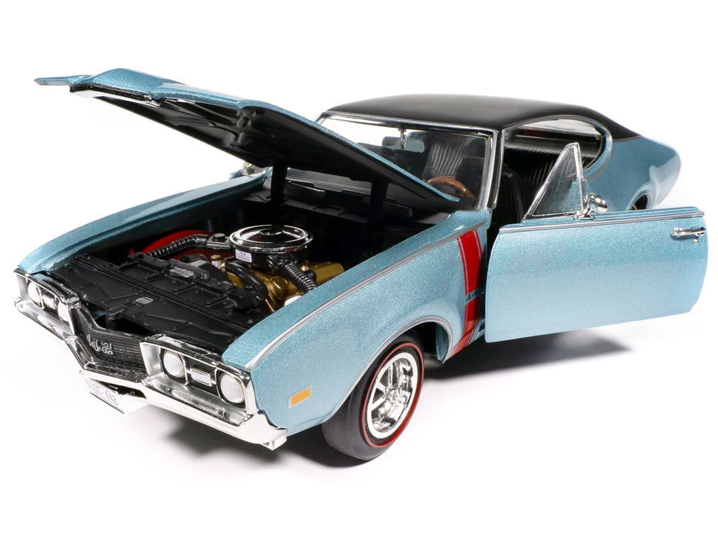 1968 Oldsmobile 442 W30 Holiday Coupe Teal Frost Metallic with Red Stripes and Black Vinyl Top 'Hemmings Motor News July 2023 Cover Car' 'American Muscle' Series 1/18 Diecast Model Car by Auto World