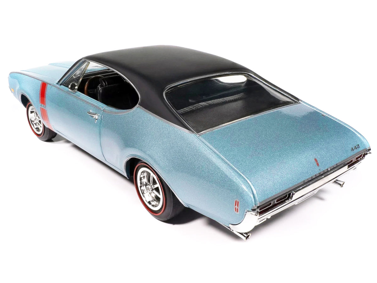 1968 Oldsmobile 442 W30 Holiday Coupe Teal Frost Metallic with Red Stripes and Black Vinyl Top 'Hemmings Motor News July 2023 Cover Car' 'American Muscle' Series 1/18 Diecast Model Car by Auto World