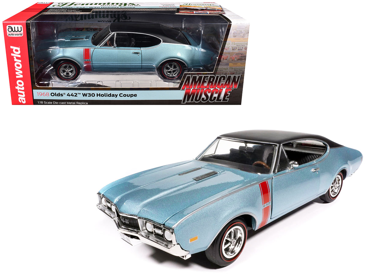 1968 Oldsmobile 442 W30 Holiday Coupe Teal Frost Metallic with Red Stripes and Black Vinyl Top 'Hemmings Motor News July 2023 Cover Car' 'American Muscle' Series 1/18 Diecast Model Car by Auto World