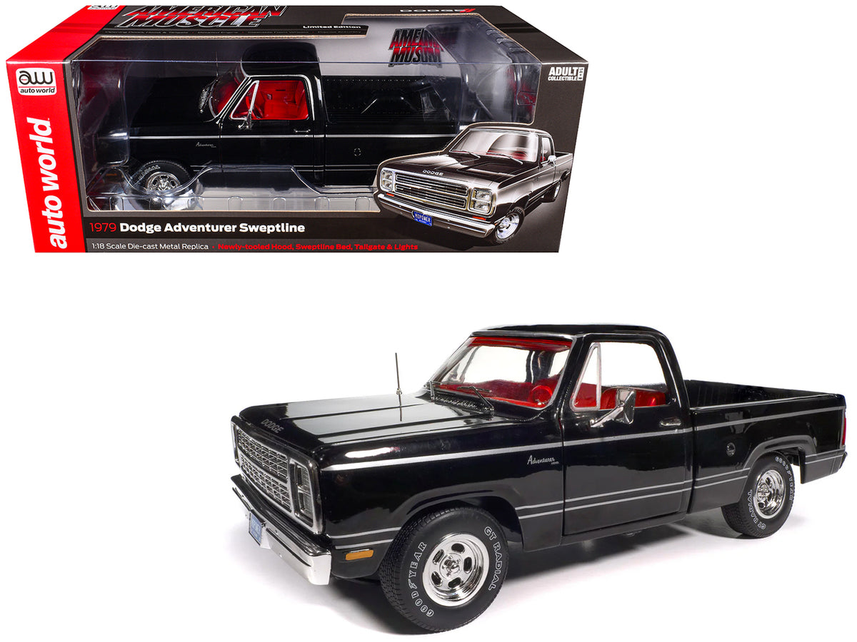 1979 Dodge Adventurer Sweptline Pickup Truck Black with Red Interior 'American Muscle' Series 1/18 Diecast Model Car by Auto World