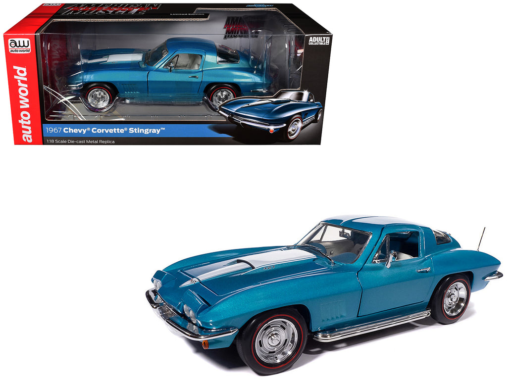 1967 Chevrolet Corvette Stingray Light Blue Metallic with White Hood Stripe 'American Muscle' Series 1/18 Diecast Model Car by Auto World