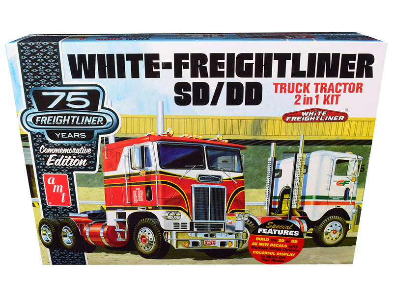 Skill 3 Model Kit White Freightliner SD/DD Truck Tractor 2-in-1 Kit with Display Base '75th Freightliner Anniversary' Commemorative Edition 1/25 Scale Model by AMT