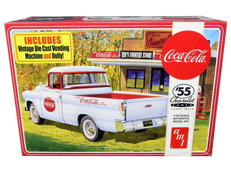 Skill 3 Model Kit 1955 Chevrolet Cameo Pickup Truck 'Coca-Cola' with Vintage Vending Machine and Dolly 1/25 Scale Model by AMT