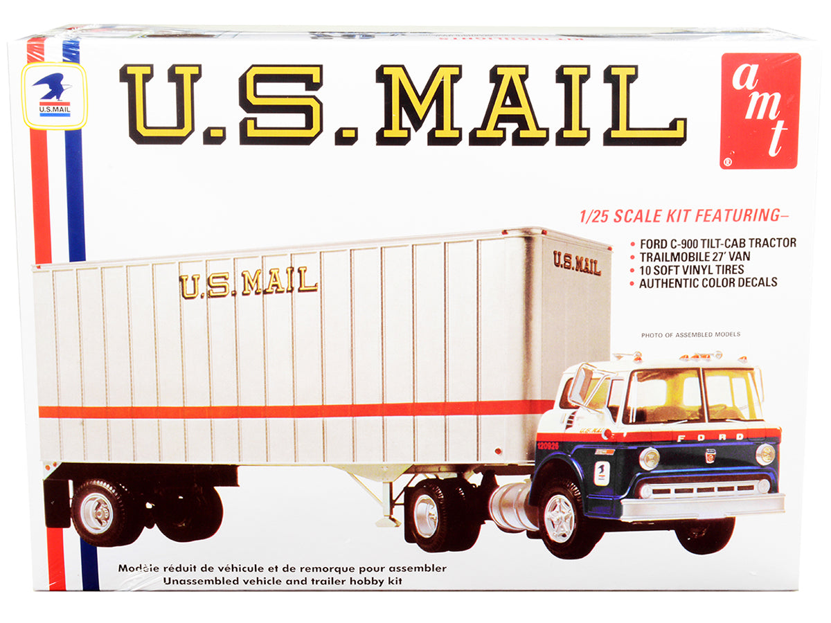 Skill 3 Model Kit Ford C900 Truck Tractor with Trailer 'U.S. Mail' 1/25 Scale Model by AMT