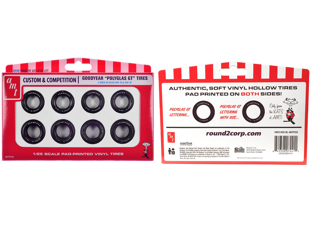 Model Kit 'Goodyear Polyglas GT' Tires Set of 8 Pieces for 1/25 Scale Models by AMT