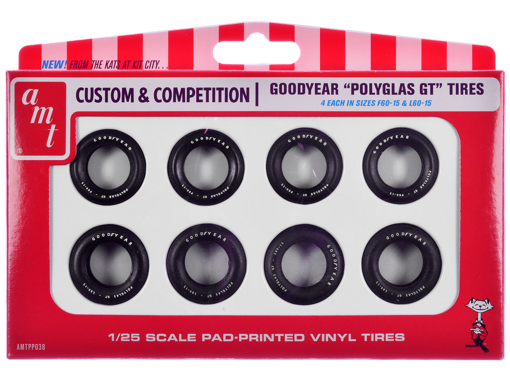 Model Kit 'Goodyear Polyglas GT' Tires Set of 8 Pieces for 1/25 Scale Models by AMT