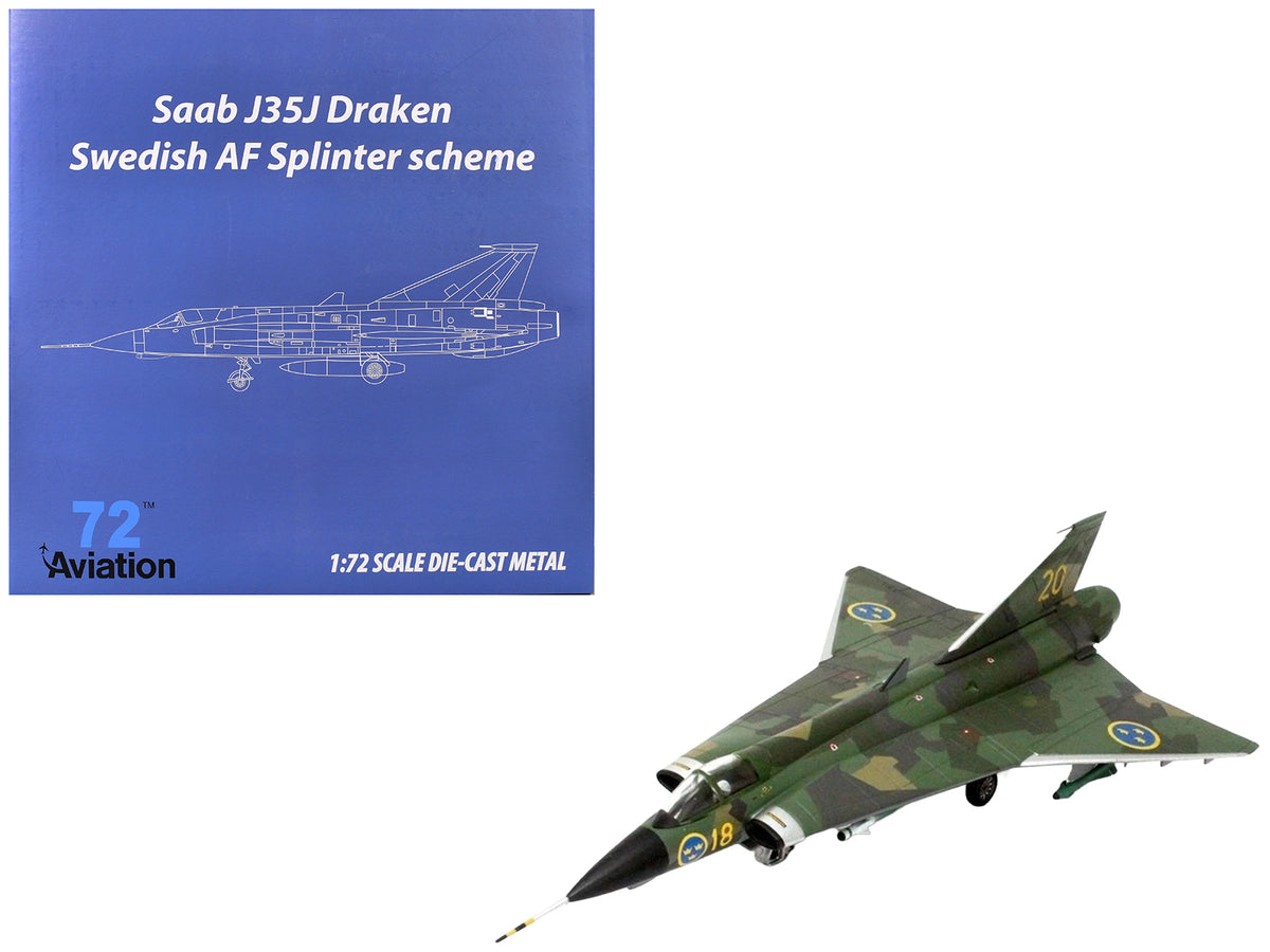 Saab J35J Draken Fighter Aircraft 'Splinter Camouflage Scheme F 18 Sodertorn Wing' (1972) Swedish Air Force 1/72 Diecast Model Airplane by Aviation 72
