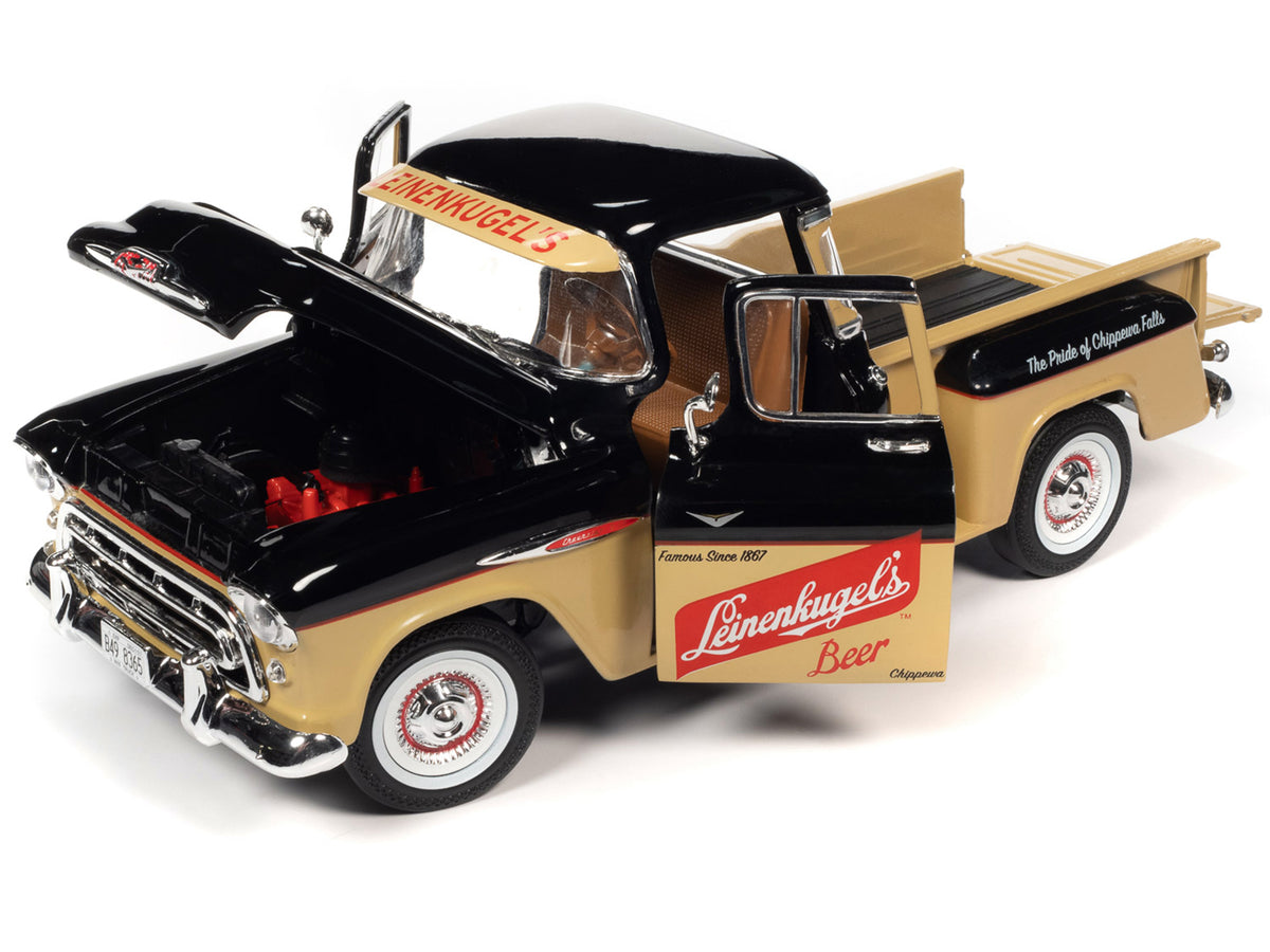 1957 Chevrolet 3100 Stepside Pickup Truck Black and Tan with Graphics 'Leinenkugle's Beer The Pride of Chippewa Falls' 1/18 Diecast Model by Auto World