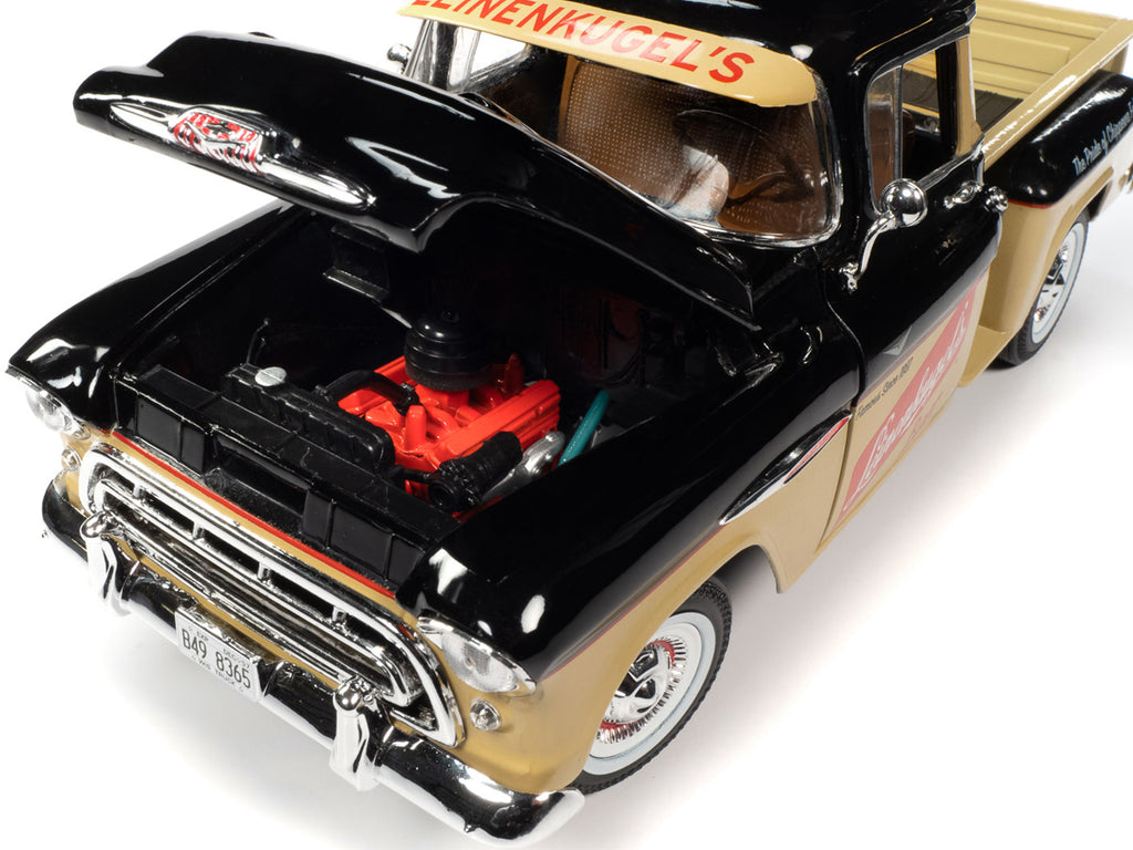 1957 Chevrolet 3100 Stepside Pickup Truck Black and Tan with Graphics 'Leinenkugle's Beer The Pride of Chippewa Falls' 1/18 Diecast Model by Auto World