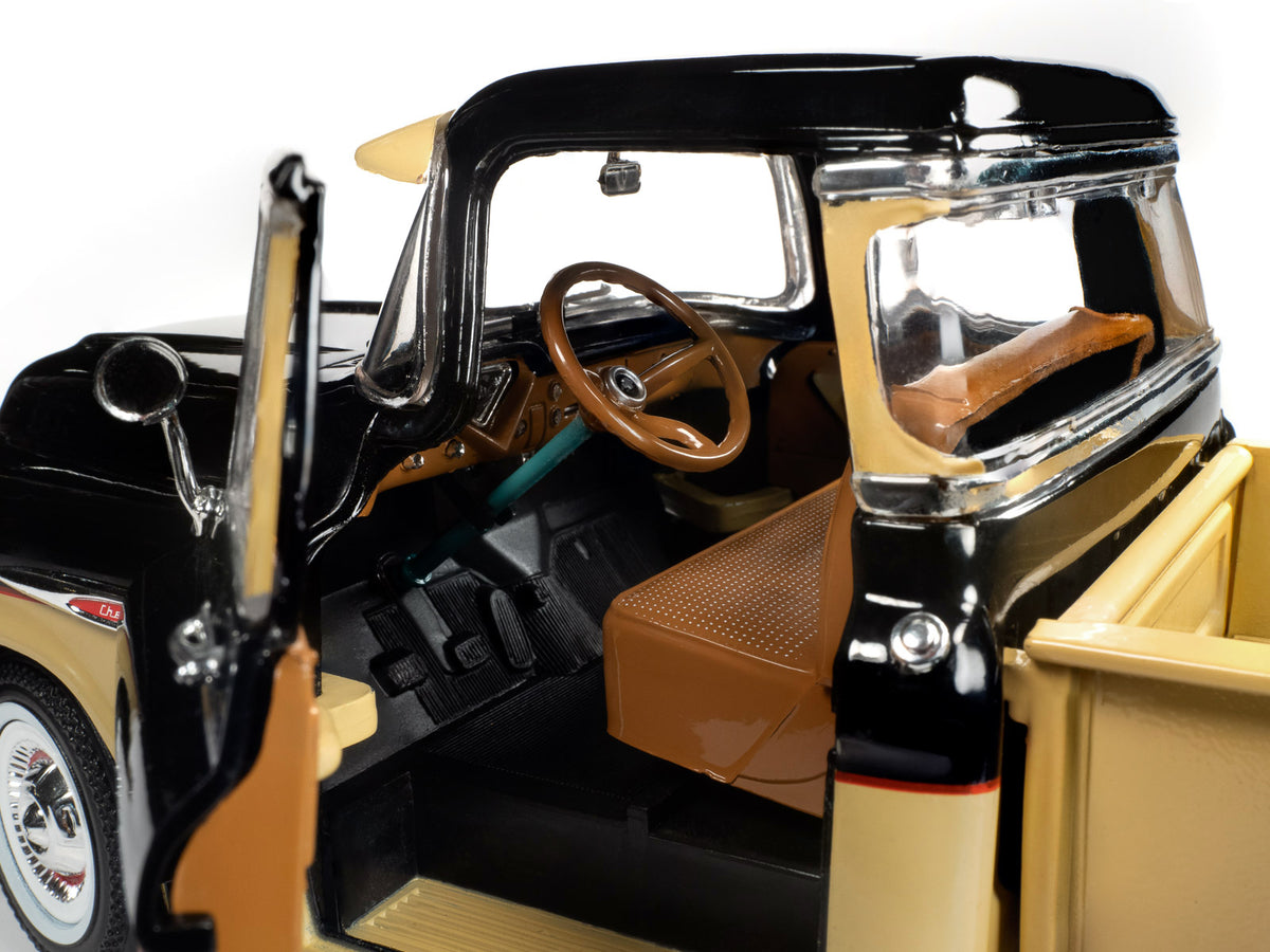 1957 Chevrolet 3100 Stepside Pickup Truck Black and Tan with Graphics 'Leinenkugle's Beer The Pride of Chippewa Falls' 1/18 Diecast Model by Auto World
