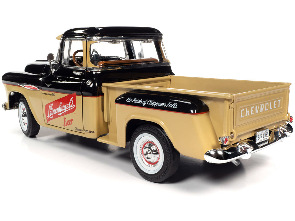 1957 Chevrolet 3100 Stepside Pickup Truck Black and Tan with Graphics 'Leinenkugle's Beer The Pride of Chippewa Falls' 1/18 Diecast Model by Auto World