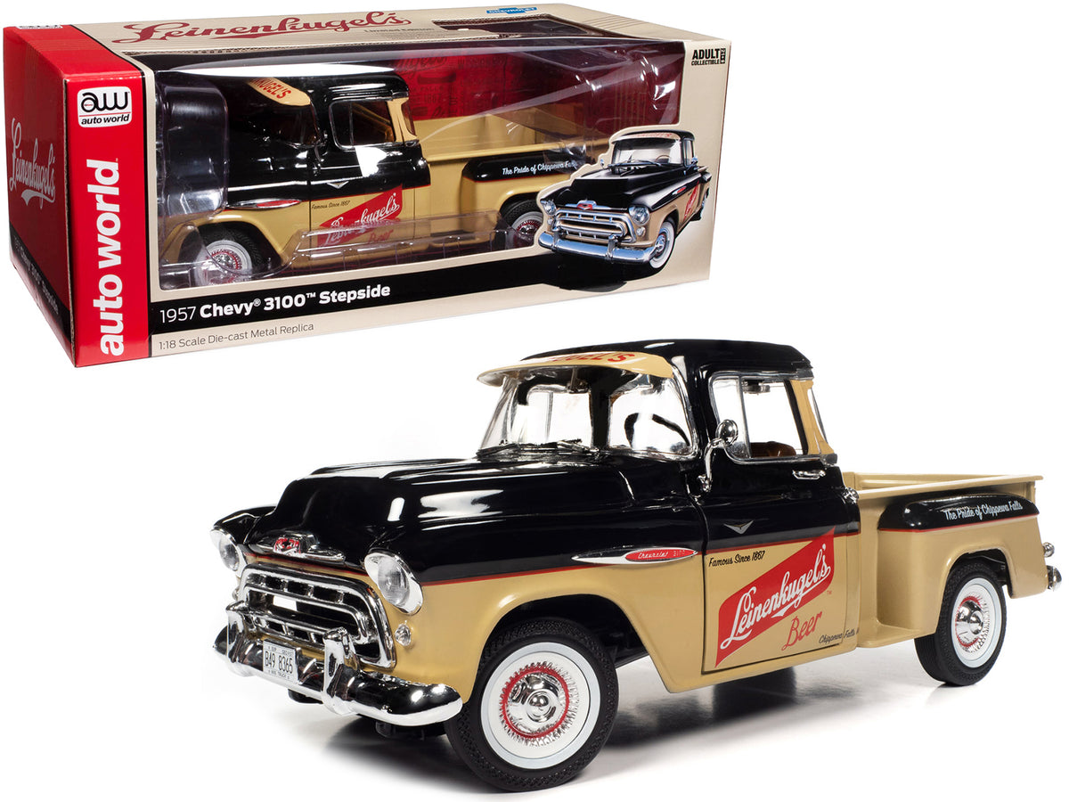 1957 Chevrolet 3100 Stepside Pickup Truck Black and Tan with Graphics 'Leinenkugle's Beer The Pride of Chippewa Falls' 1/18 Diecast Model by Auto World