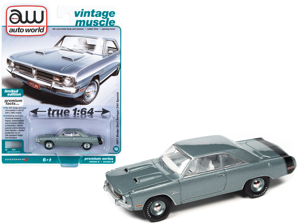 1971 Dodge Dart Swinger 340 Special Light Gunmetal Gray Metallic with Black Tail Stripe 'Vintage Muscle' Limited Edition 1/64 Diecast Model Car by Auto World
