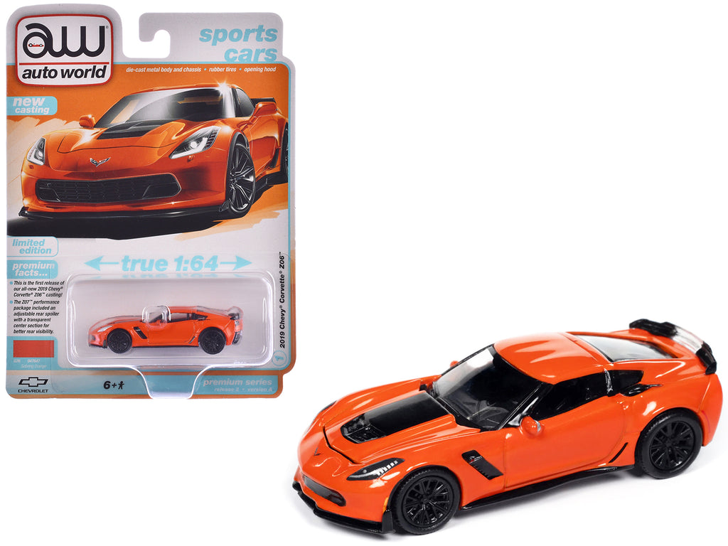 2019 Chevrolet Corvette Z06 Sebring Orange with Black Hood 'Sports Cars' Series 1/64 Diecast Model Car by Auto World