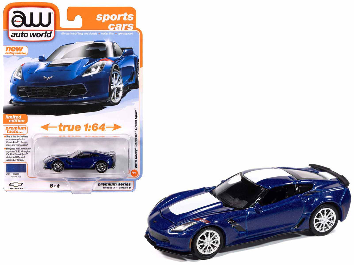 2018 Chevrolet Corvette Grand Sport Admiral Blue with White Stripe 'Sports Cars' Series 1/64 Diecast Model Car by Auto World