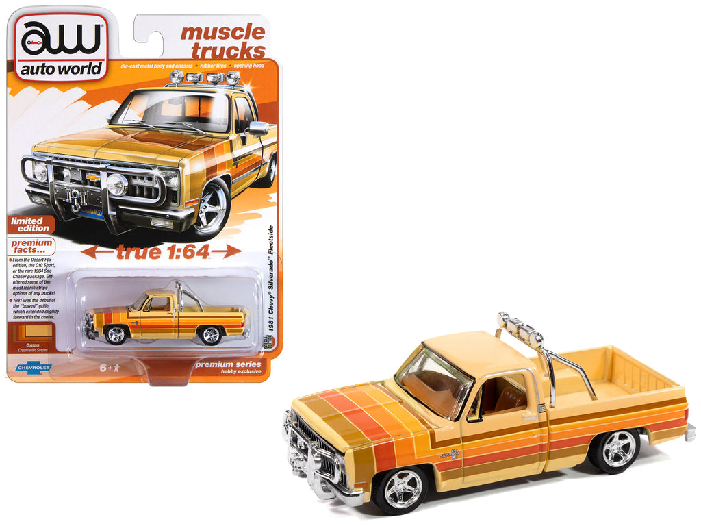 1981 Chevrolet Silverado Fleetside Pickup Truck Cream with Stripes 'Hobby Exclusive' Series 1/64 Diecast Model Car by Auto World