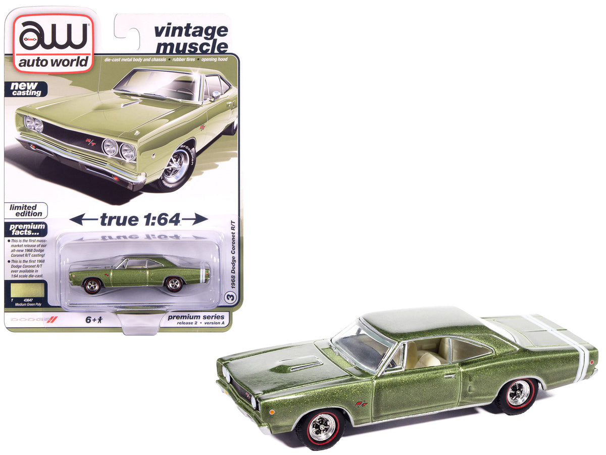 1968 Dodge Coronet R/T Medium Green Metallic with White Interior 'Vintage Muscle' Series 1/64 Diecast Model Car by Auto World