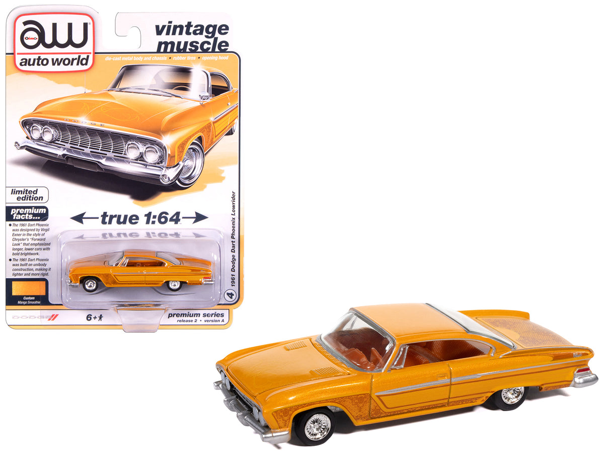 1961 Dodge Dart Phoenix Lowrider Mango Smoothie Metallic with Graphics and Orange Interior 'Vintage Muscle' Series 1/64 Diecast Model Car by Auto World