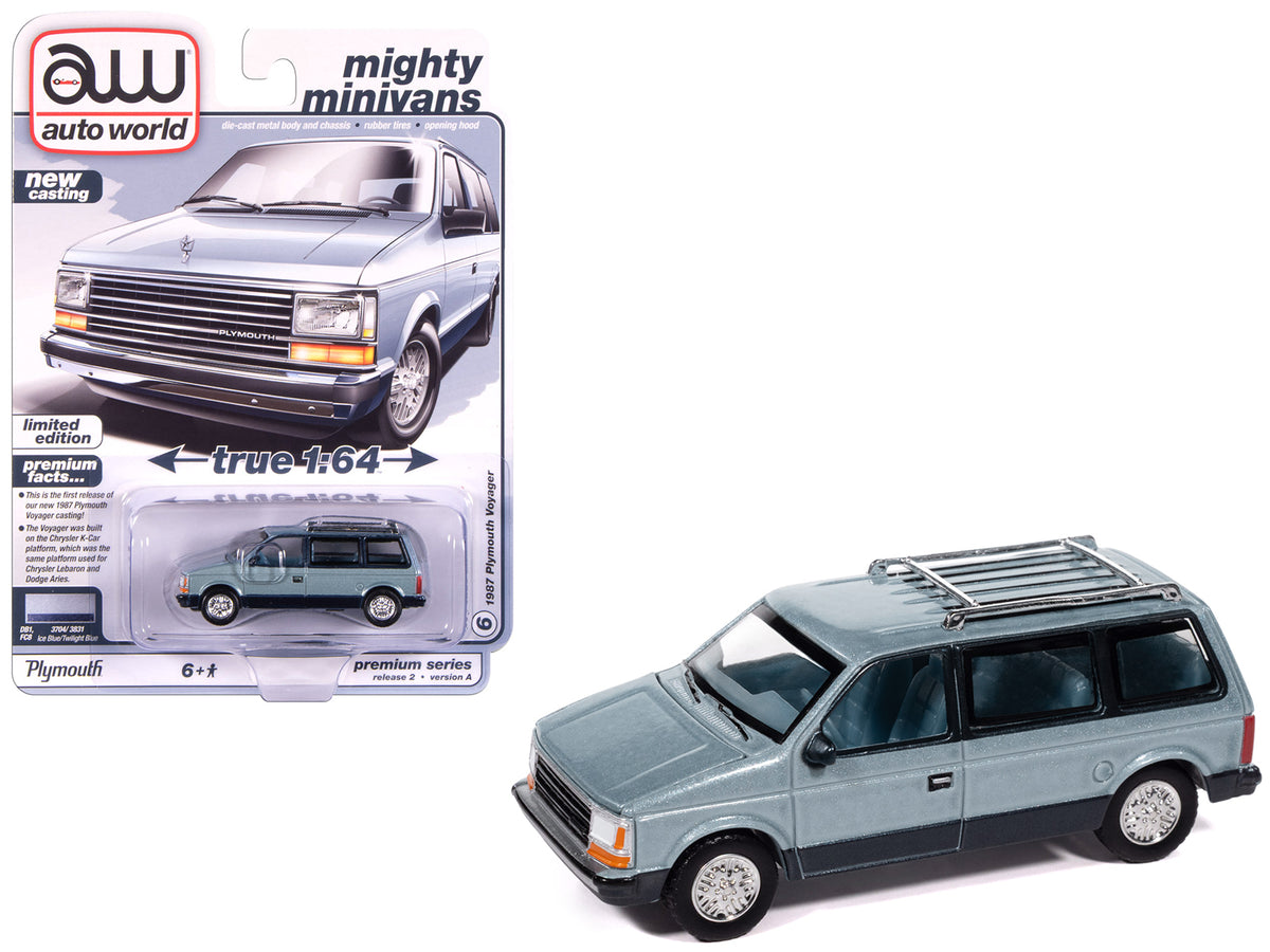 1987 Plymouth Voyager Van Ice Blue Metallic and Twilight Blue Metallic 2-Tone with Blue Interior 'Mighty Minivans' Series 1/64 Diecast Model Car by Auto World
