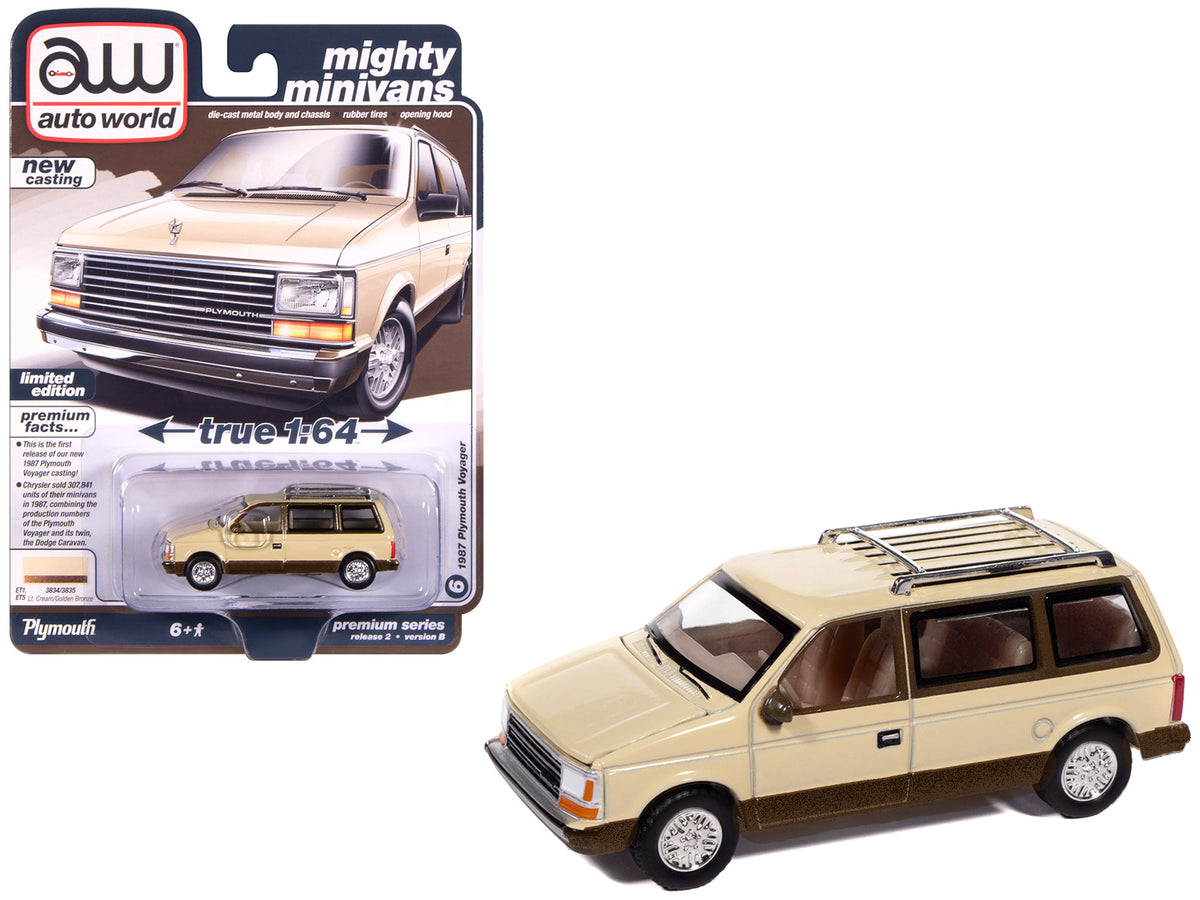 1987 Plymouth Voyager Van Light Cream and Golden Bronze Metallic 2-Tone 'Mighty Minivans' Series 1/64 Diecast Model Car by Auto World