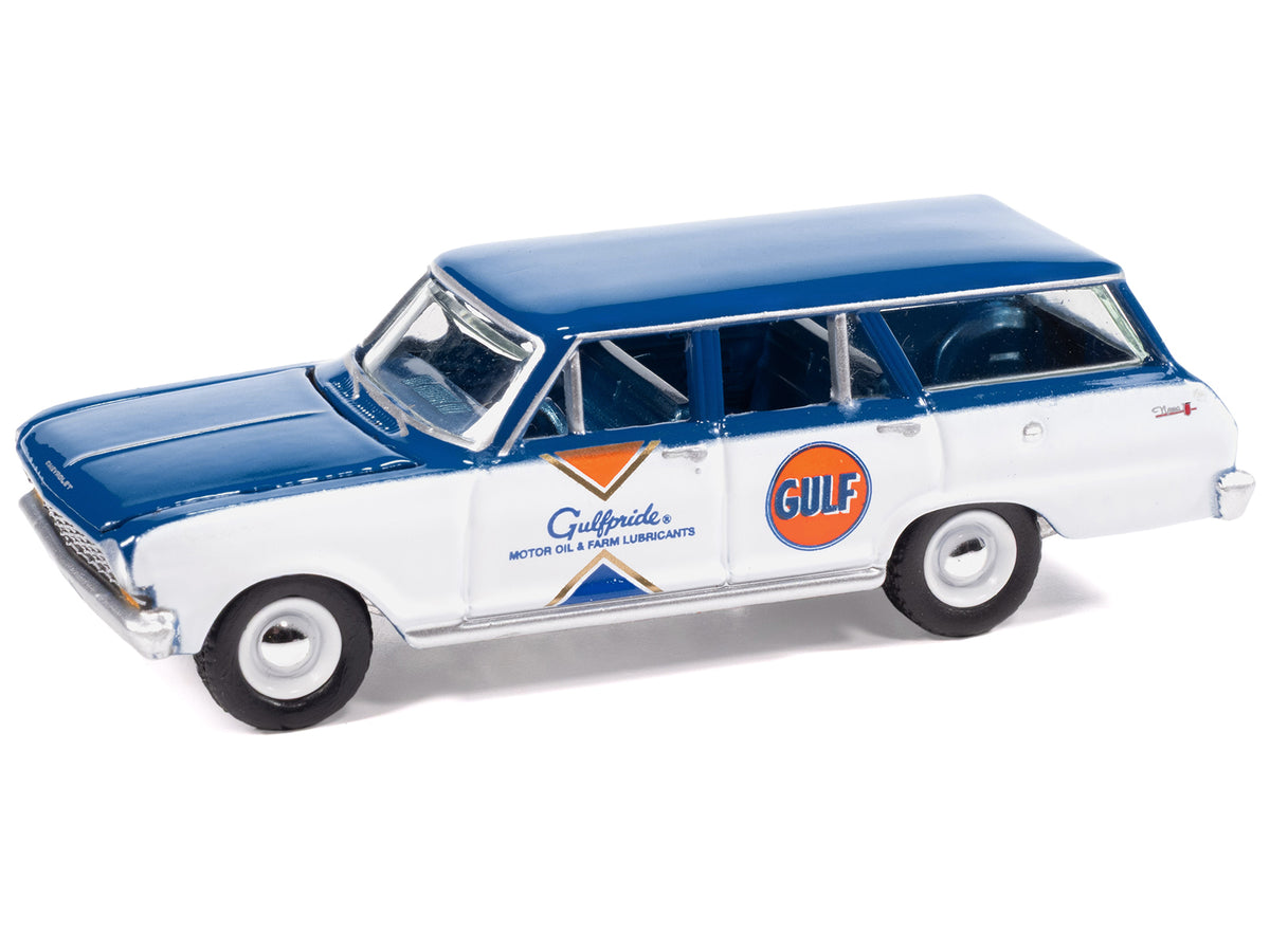 1963 Chevrolet II Nova 400 Wagon 'Gulf' Blue and White with Blue Interior 'Big Country Collectibles' 2025 Series 1/64 Diecast Model Car by Auto World