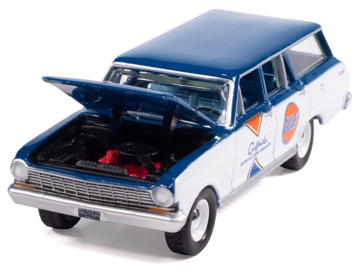 1963 Chevrolet II Nova 400 Wagon 'Gulf' Blue and White with Blue Interior 'Big Country Collectibles' 2025 Series 1/64 Diecast Model Car by Auto World