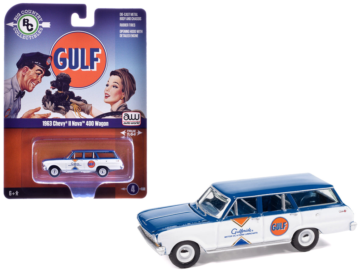 1963 Chevrolet II Nova 400 Wagon 'Gulf' Blue and White with Blue Interior 'Big Country Collectibles' 2025 Series 1/64 Diecast Model Car by Auto World