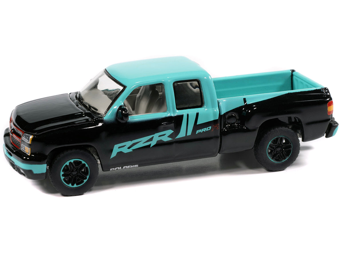 2006 Chevrolet Silverado Pickup Truck 'Polaris RZR' Black and Blue 'Big Country Collectibles' 2025 Series 1/64 Diecast Model Car by Auto World
