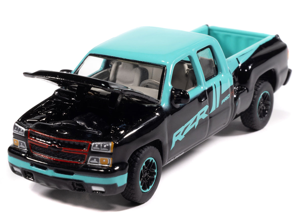 2006 Chevrolet Silverado Pickup Truck 'Polaris RZR' Black and Blue 'Big Country Collectibles' 2025 Series 1/64 Diecast Model Car by Auto World