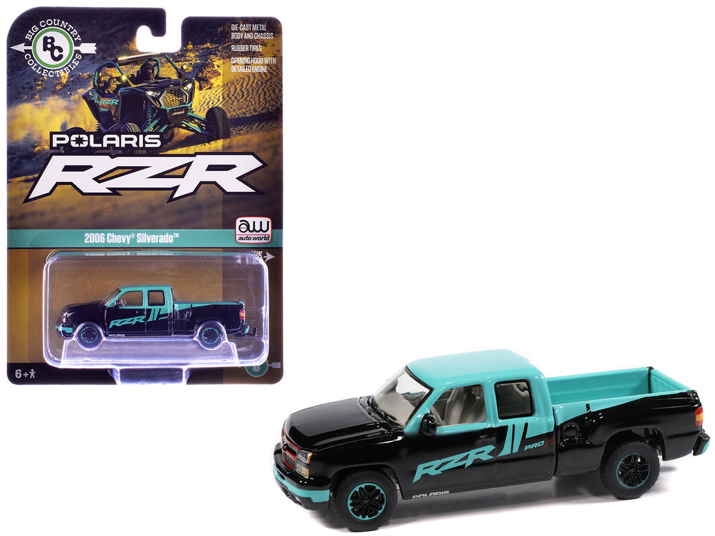2006 Chevrolet Silverado Pickup Truck 'Polaris RZR' Black and Blue 'Big Country Collectibles' 2025 Series 1/64 Diecast Model Car by Auto World