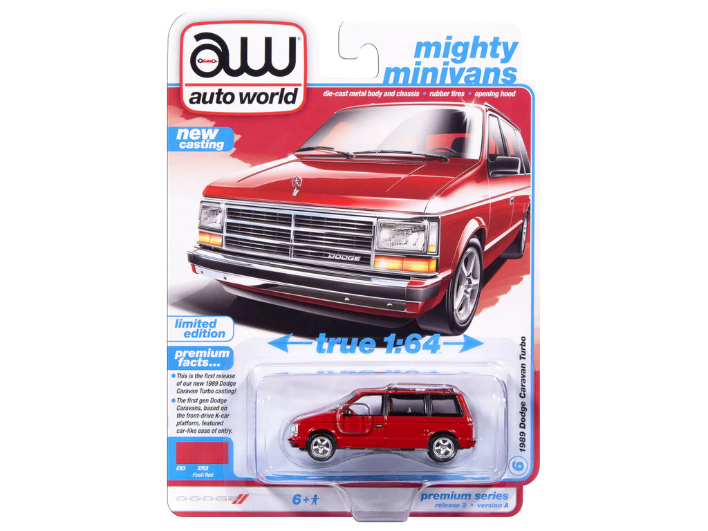 1989 Dodge Caravan Turbo Van Flash Red 'Mighty Minivans' Series 1/64 Diecast Model Car by Auto World