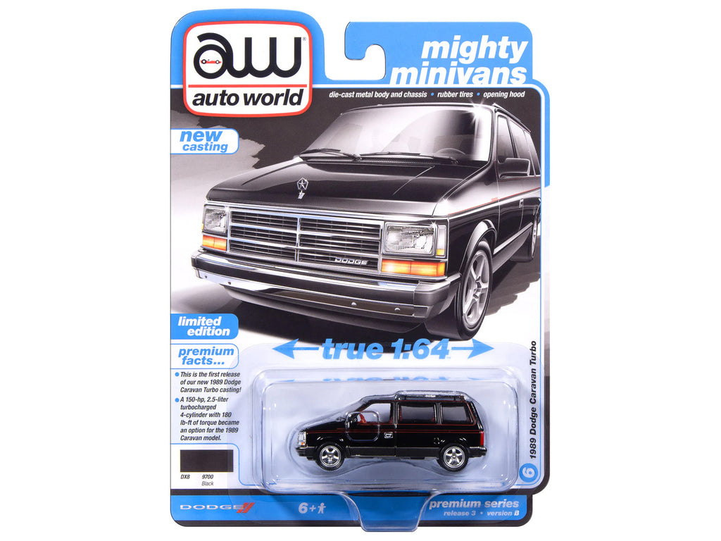 1989 Dodge Caravan Turbo Van Black with Red Stripes and Interior 'Mighty Minivans' Series 1/64 Diecast Model Car by Auto World