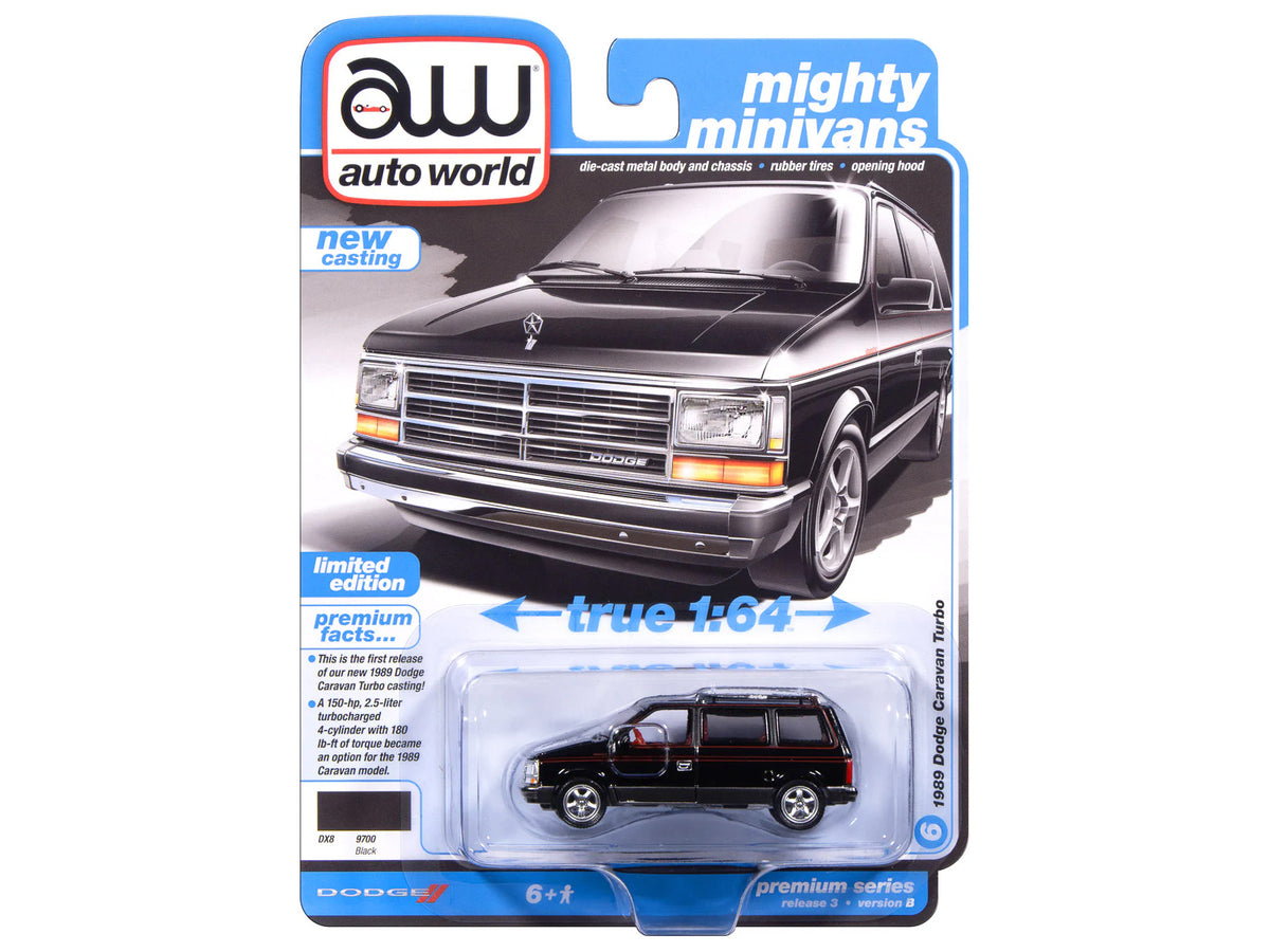 1989 Dodge Caravan Turbo Van Black with Red Stripes and Interior 'Mighty Minivans' Series 1/64 Diecast Model Car by Auto World