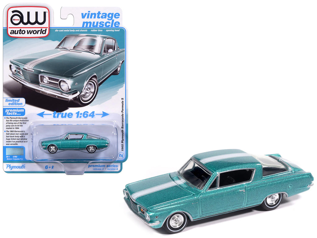 1965 Plymouth Barracuda Formula S Turquoise Metallic with White Stripe 'Vintage Muscle' Series 1/64 Diecast Model Car by Auto World