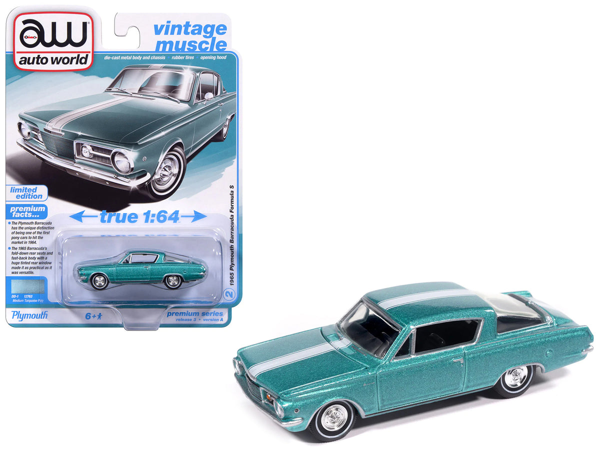 1965 Plymouth Barracuda Formula S Turquoise Metallic with White Stripe 'Vintage Muscle' Series 1/64 Diecast Model Car by Auto World