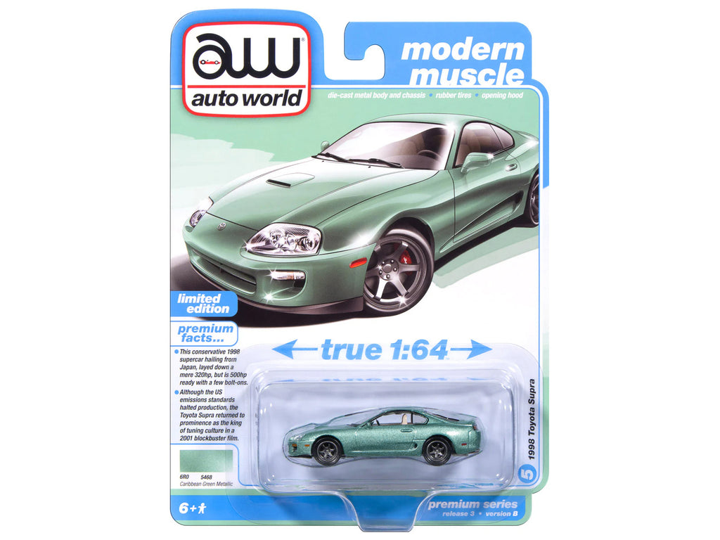 1998 Toyota Supra Caribbean Green Metallic 'Modern Muscle' Series 1/64 Diecast Model Car by Auto World