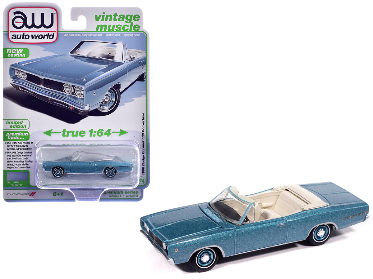 1968 Dodge Coronet 500 Convertible Pale Blue Metallic with White Interior 'Vintage Muscle' Series 1/64 Diecast Model Car by Auto World