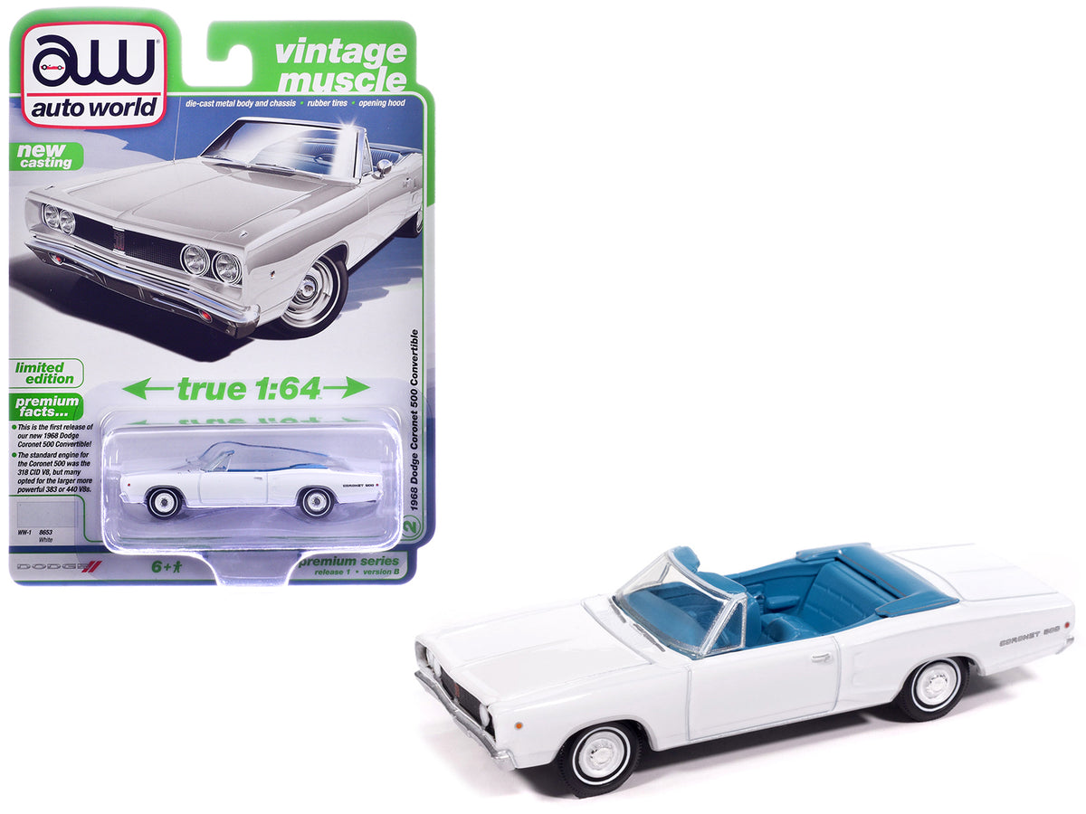 1968 Dodge Coronet 500 Convertible White with Blue Interior 'Vintage Muscle' Series 1/64 Diecast Model Car by Auto World
