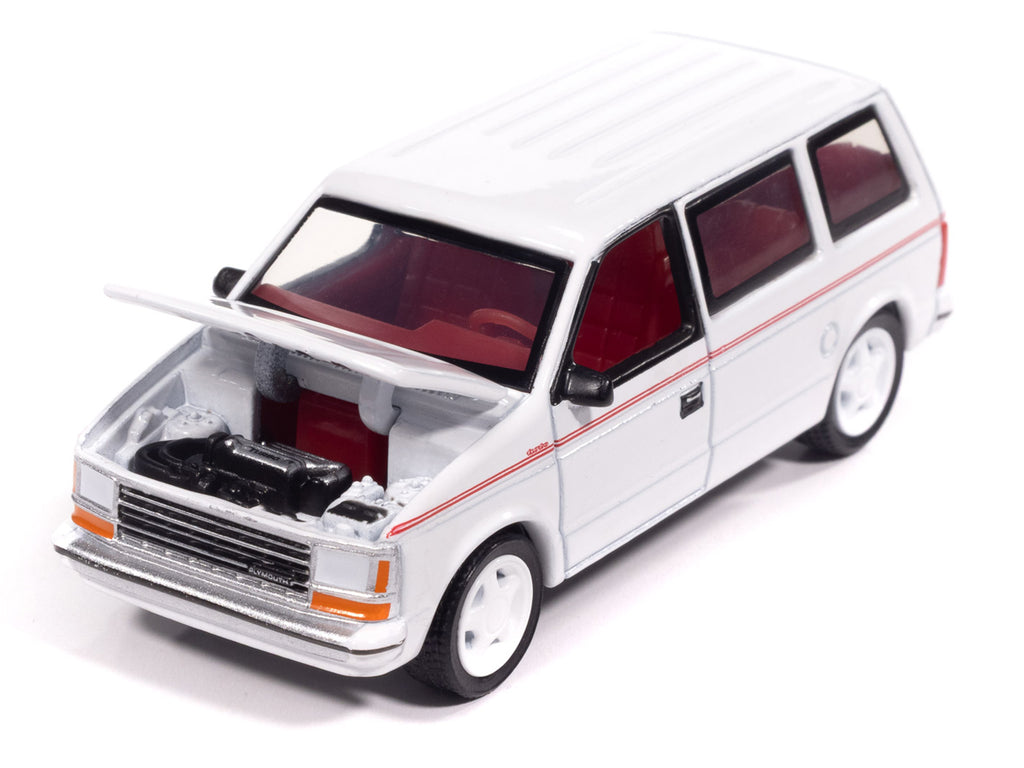 1989 Plymouth Voyager Turbo Van Bright White with Red Stripes and Interior 'Mighty Minivans' Series 1/64 Diecast Model Car by Auto World